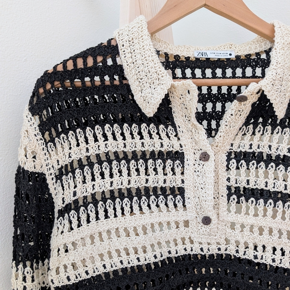 Zara Crochet Open Knit Striped Collared Henley Top In Black/Ivory - Picture 5 of 11